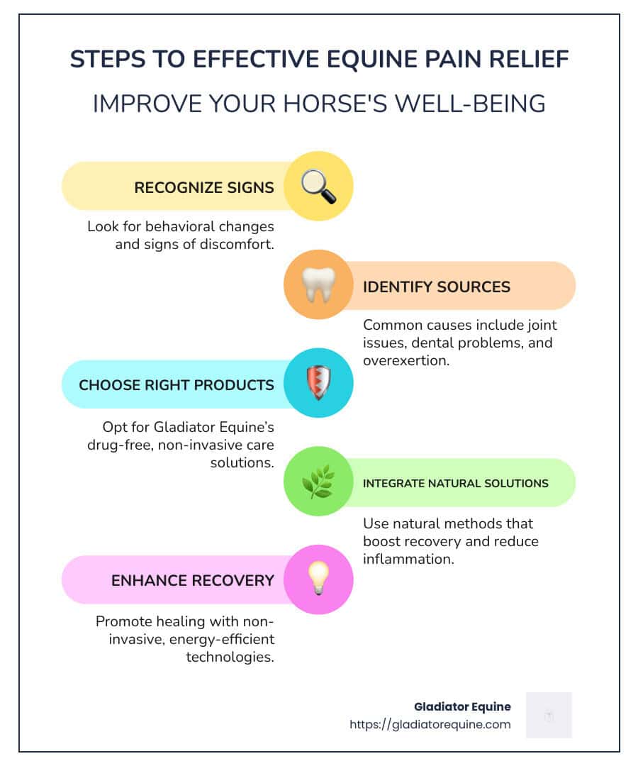 steps to equine pain relief - equine pain relief infographic infographic-line-5-steps-colors