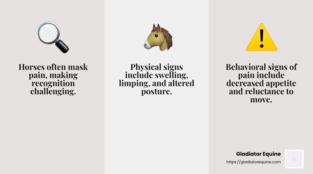 Recognizing pain in horses involves observing changes in behavior and physical signs. - equine pain relief infographic 3_facts_emoji_grey